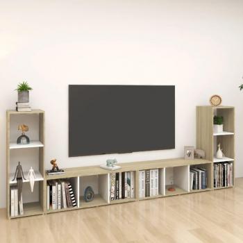 Mueble para TV 4 piezas Blanco y Roble Sonoma 107x35x37 cm en Madera Compensada
