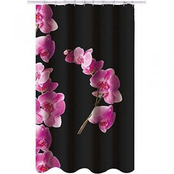 Cortina de Baño MSV LANYU de Poliéster 180x200cm - Motivo Flores Negro y Rosa - Lavable a 30 Grados