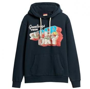 Sudadera con Capucha Travel Postcard Graphic Eclipse Navy para Hombre, Casual, Algodón Sostenible, Talla S