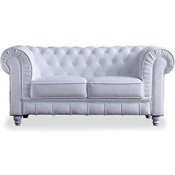 Chesterfield, Sofa de Dos plazas, Sillon Descanso, 2 Personas, Acabado en Simil Piel Color Blanco y Capitone, Medidas: 166 cm