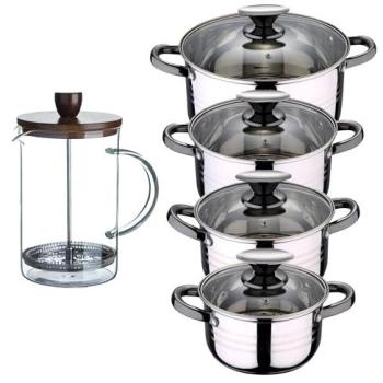 Batería de Cocina San Ignacio Premium 8 Piezas Acero Inoxidable Inducción + Cafetera de Émbolo Vidrio Borosilicato