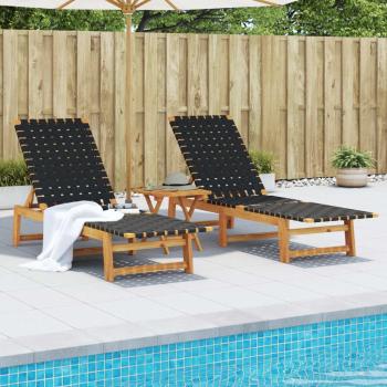 Acacia Wood Black Sun Loungers with Table - Set of 2