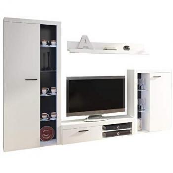 Conjunto de salón Tucson 103, blanco, aglomerado laminado y vidrio, con mesa de TV y partes separadas, dimensiones 190x270x34cm