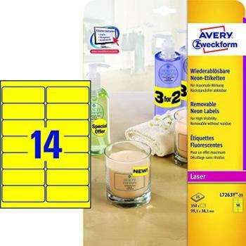 Avery España L7263Y-25 - Pack de 25 hojas de etiquetas fluorescentes, 99.1 x 38.1 mm, color amarillo