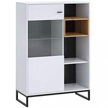 Vitrina Providence J107, Blanco y Roble Artisan, 2 Puertas, 130x90x40cm, Con Iluminación LED