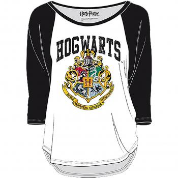 Harry Potter Hogwarts Crest Señoras Longsleeve Angustiado Negro Blanco - S