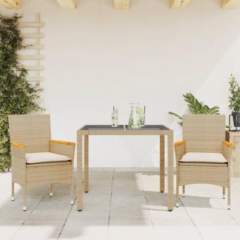 Set comedor jardín 3 piezas con cojines de ratán sintético y mesa de vidrio beige