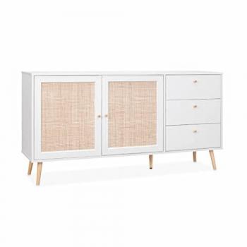 Aparador de caña blanco Sweeek 150 x 39 x 79 cm con 2 puertas y 3 cajones, estilo Bohème