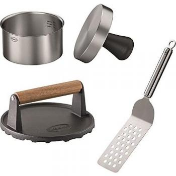 Set de Hamburguesas para Barbacoa Rösle 3 Piezas con Prensa Profesional, Peso y Volteador, Acero Inoxidable 18/10 y Hierro Fundido Esmaltado