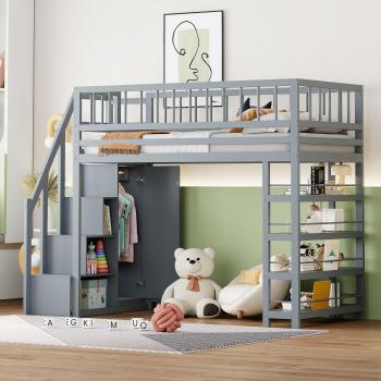 Cama alta contemporánea 90x200 cm - Gris - Madera maciza - Escalera de seguridad - Almacenamiento integrado