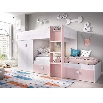 HOMEKIT Cama Juvenil Tipo Tren, 2 Camas, Madera de ingeniería, Artic+Rosa, Sencillo