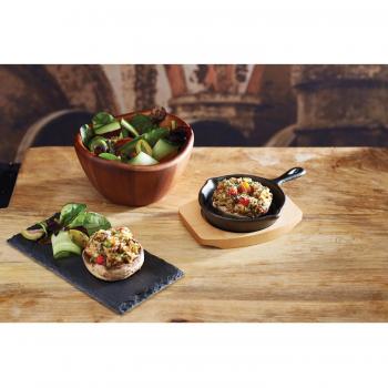Kitchen Craft Artesa Mini Sartén de Hierro Fundido con Mango y Tabla de Servir en Madera, Circular, Negro, Dimensiones Sartén 16 x 11.5 x 2.5 cm, Tab