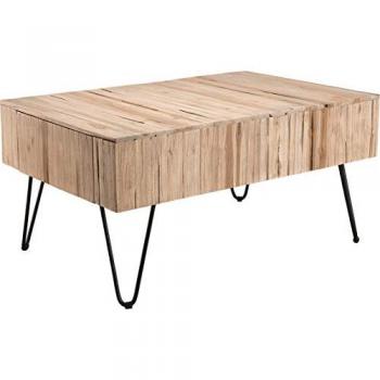 Mesa de centro rectangular MACABANE de teca natural con 2 cajones y patas de metal estilo escandinavo 90 cm