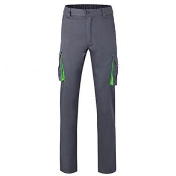 Pantalón de Trabajo Velilla 103024S Stretch Bicolor Slim Fit Elástico Doble Costura de Seguridad Multibolsillos Color Gris y Verde Lima Talla 46