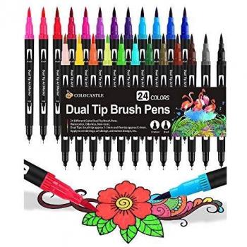 Rotuladores Lettering Brush Pen, 24 Colores, Acuarelables Marcadores para Adultos, Bullet Journal, Caligrafía, Libros para Colorear, Arte Dibujo Punta Pincel 1-2mm y Punta Fina 0.4mm
