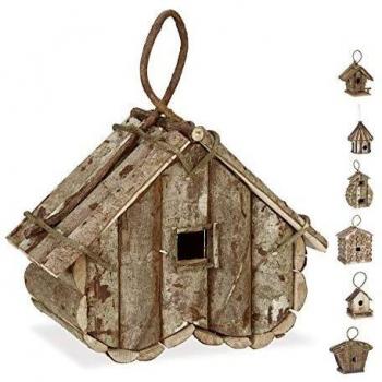 Casa para pájaros colgante de madera natural Relaxdays, diseño decorativo para balcón o terraza, dimensiones 32x29x16 cm