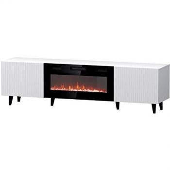 Mesa de TV Charlotte H106 con LED, Blanco y Negro, 181x49x40cm, 2 Puertas y Efecto Llama Eléctrica