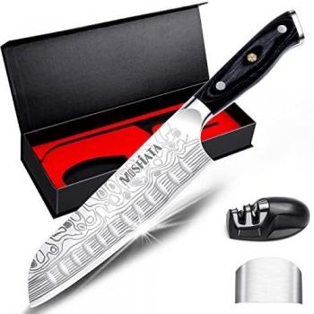 Cuchillos Cocina Profesional Cuchillos Carne Cuchillo Santoku Japones Cuchillo Chef Cuchillo de Cocinero de Acero Inoxidable con Afilador de Cuchillo y Protector de Dedos para Fruta, Verduras, Carne