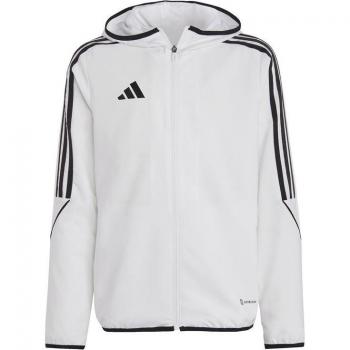 Adidas Chaqueta Tiro23 L Windbreaker Blanco, ligera, impermeable, con capucha ajustable, cierre frontal completo, bolsillos laterales con cremallera y diseño moderno