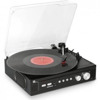 1byone tocadiscos estéreo de correa de 3 velocidades con altavoces incorporados, graba de vinilo a MP3, reproducción MP3 por USB, conector para auriculares estéreo, control de tono y salida RCA, negro