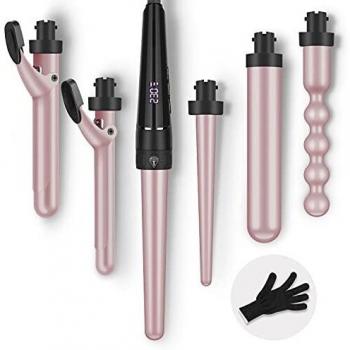 Rizador Pelo Profesional Planchas Rizadoras 6 Barras Temperatura Ajustable con Indicador LCD Recambiables con Guante Pinza de Rizador, Rosa