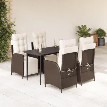 5-Piece Brown Poly Rattan Garden Dining Set with Cushions