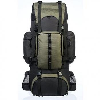 Amazon Basics - Mochila de senderismo con estructura interna y capa para lluvia, 65 L, Verde
