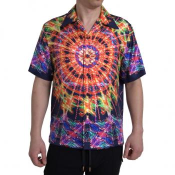 Dolce & Gabbana Multicolor Luminarie Print Silk Short Sleeve Button-Down Casual Shirt - Size XL