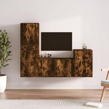 Set de muebles para TV 4 piezas madera contrachapada roble ahumado marrón