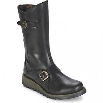 Botas de Cuero Negras para Mujer Fly London Mes 2 con Tacón Cuña y Cierre Lateral