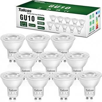 10 x Bombilla LED GU10 7W, Blanco Frío 6000K, Equivalente de Lámpara Halógena de 50W, 500 Lúmenes, AC100-240V, No regulable Sin Parpadeo, Ángulo de haz de 38°