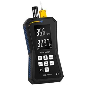 Termohigrómetro PCE-THD 50 con conexión para termoelemento tipo K, rango de -20 a +60 ºC, acumulador recargable, interfaz micro USB y memoria para 32,000 valores