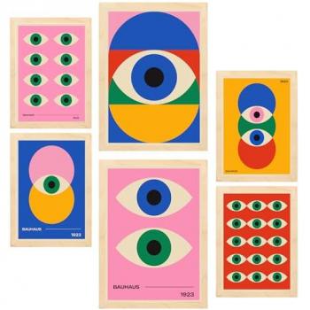 Set de 6 Pósters Geométricos Bauhaus con Colores Vibrantes y Ojos para Decorar Paredes del Hogar - Tamaños A3 y A4 Sin Marco