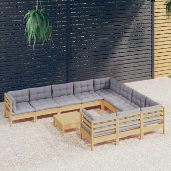 11-Piece Pinewood Garden Lounge Set with Gray Cushions