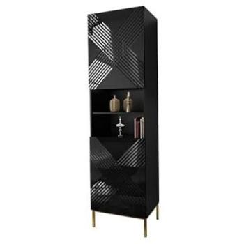 Estantería Merced A105, Negra Brillante, Con Puertas Cerrables, Aglomerado Laminado y MDF, 200x55x42cm