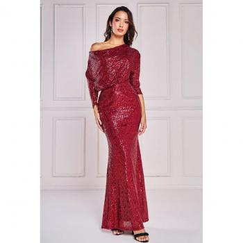 Goddiva Sequin Cowl Maxi Dress - Wine