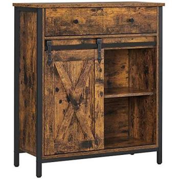Aparador de estilo rústico con puerta corredera, estante ajustable, en marrón o roble y negro, para sala de estar, 30x70x80 cm, Armario Aparador de TV Independiente con