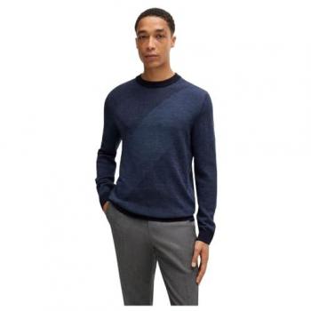 Hugo Boss Men's Dark Blue Round-Neck Jacquard Knit Sweater Size S