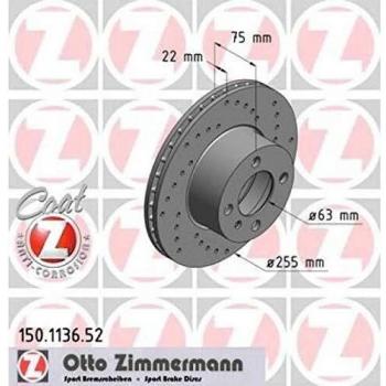 Zimmermann 150,1136.52 Disco de Freno Trasera Izquierda, Perforado, Sin Abe Sport Coat Z