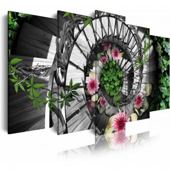 DekoArte 464 - Cuadros Modernos Impresión de Imagen Artística Digitalizada | Lienzo Decorativo Para Tu Salón o Dormitorio | Estilo Naturaleza Escalera Madera Caracol Flores Colores | 5 Piezas 150x80cm