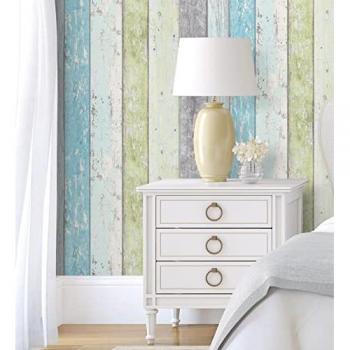 Papel Pintado Vinílico Lavable Efecto Listones de Madera Turquesa Tropical - Rollo 10 m x 0,53 m