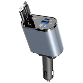 Cargador de Coche Retráctil Klack 4 en 1 de 120W con Cable USB Tipo-C y Lightning, Carga Rápida para iOS y Android