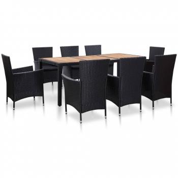 9-Piece Black Poly Rattan Outdoor Dining Set with Cushions