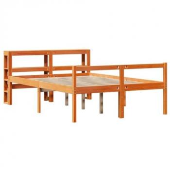 Estructura de cama con cabecero de madera de pino marrón cera 135x190 cm, cama para personas mayores, estructura de cama de madera maciza, muebles de dormitorio