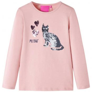 Camiseta Infantil Manga Larga Diseño Gato de Lentejuelas - Rosa Claro 140