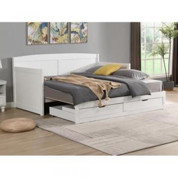 Cama Nido Banqueta 90 x 190 o 180 x 190 cm - Con Somier de Peine y Cajones - Pino y MDF - Blanco + Colchón - DINIVA