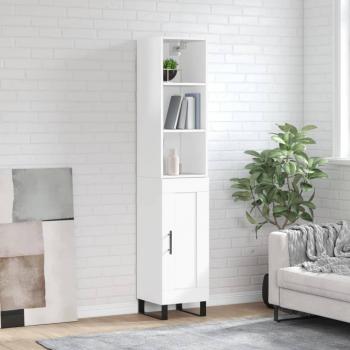 Aparador alto de madera contrachapada blanco brillo 34,5x34x180 cm con 1 puerta de madera, mueble de almacenaje para salón, buffet y armario auxiliar