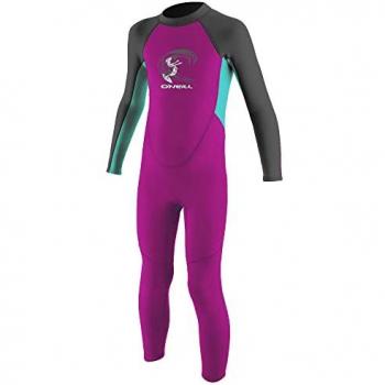 O'Neill Reactor II 2mm Back Zip Full Wetsuit for Toddler Girls - Features: Long sleeves, back zipper closure, lightweight neoprene material, suitable for water sports and activities, color scheme Berry/Light Aqua/Graphite