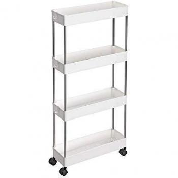 SONGMICS Carrito Auxiliar con Ruedas, Carrito Cocina, Carrito de 4 Baldas, Carrito Estrecho, para Baño, Cocina, 40 x 13,5 x 86 cm, Blanco KSC08WT