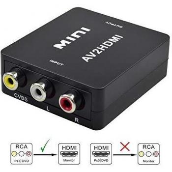 Convertidor AV a HDMI, Kiyicjk RCA Composite CVBS AV a HDMI Convertidor Audio Vídeo Adaptador Mini Box Soporte 1080P para PC/TV/PS3/Blu-Ray DVD